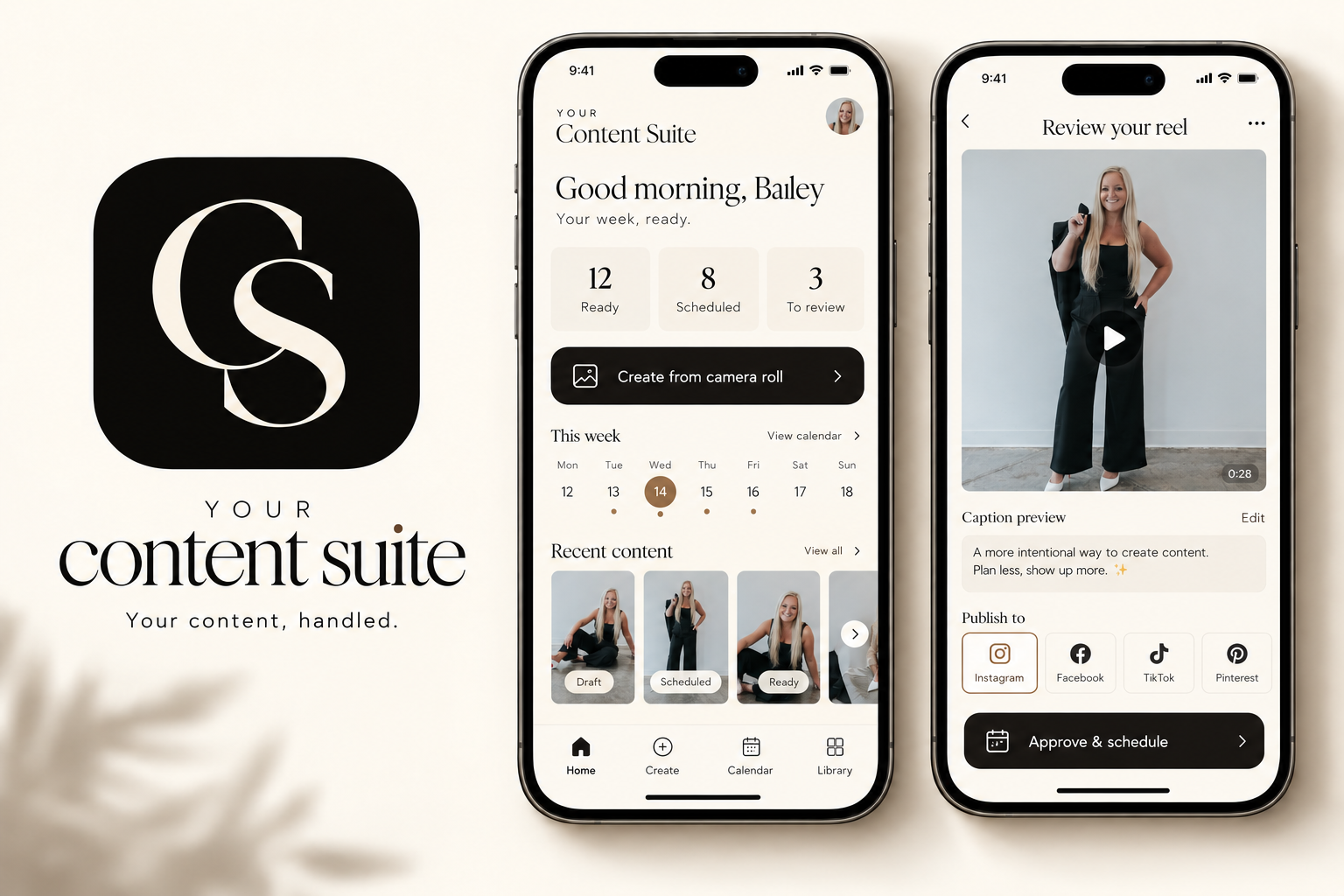 Your Content Suite shown with real photography in a clean black and white layout